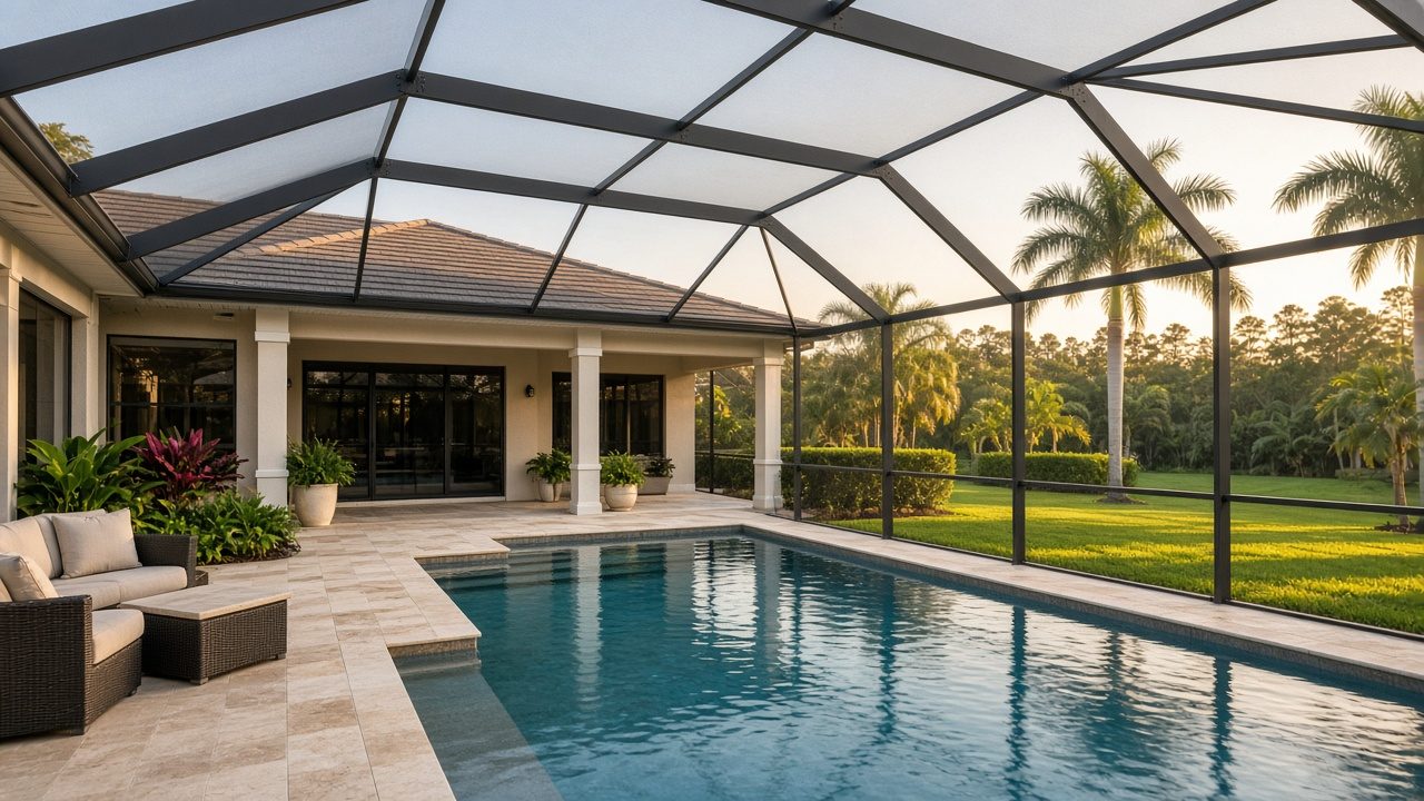 Screened pool cage around a Central Florida backyard pool at golden hour