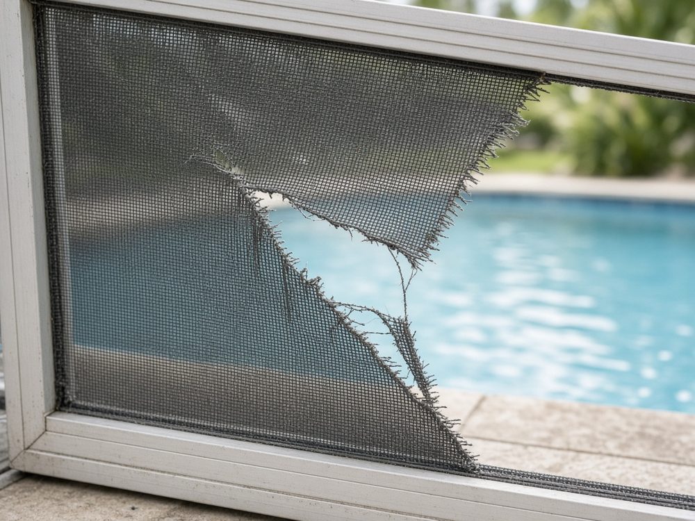 Torn pool screen mesh on a white aluminum frame, pool visible through the tear